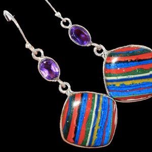 Unique Rainbow Calsilica and Amethyst Gemstone Earrings, Sterling Silver